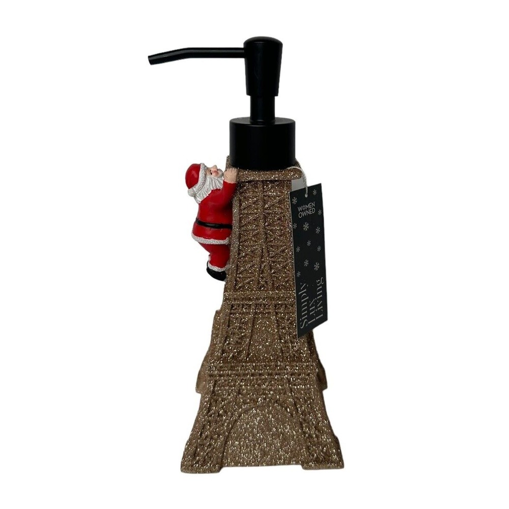 NEW Lux Living Gold Glitter Santa Eiffel Tower Paris Christmas Soap Dispenser 8"